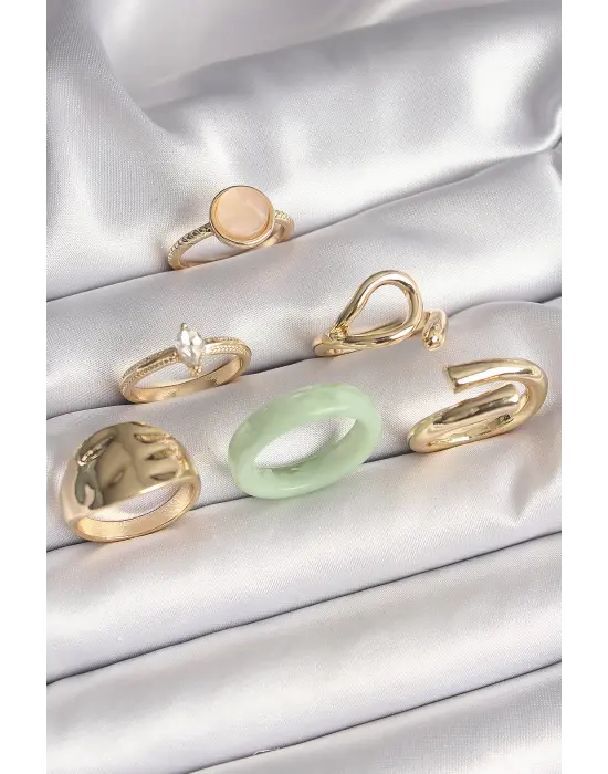  Altın Zirkon Taşlı Daire Pembe Mineli Detay 6Lı Çelik Yüzük Seti