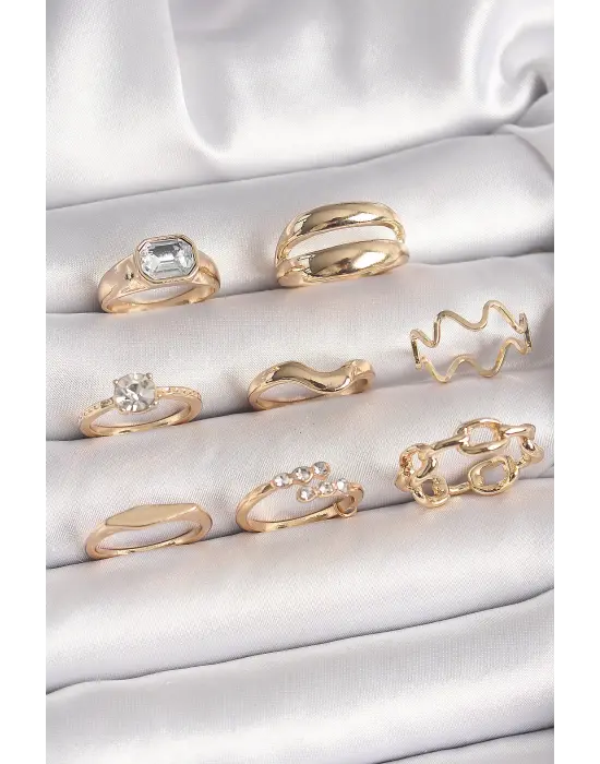 Pirinç Gold Renk Zirkon Taşlı Dalga Model Zincir Detay Kadın Yüzük Kombini