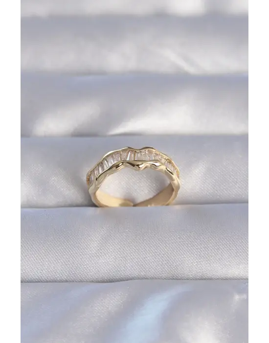  Altın Zirkon Taşlı Dalgalı Su Yolu Model Ayarlanabilir Yüzük