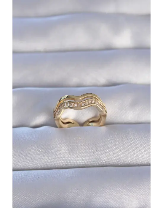  Altın Zirkon Taşlı Dalgalı Su Yolu Model Ayarlanabilir Yüzük