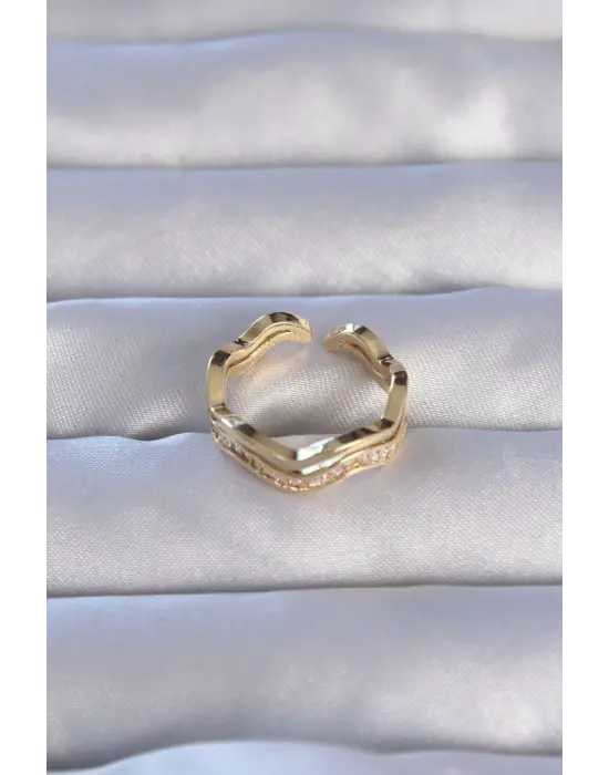  Altın Zirkon Taşlı Dalgalı Su Yolu Model Ayarlanabilir Yüzük