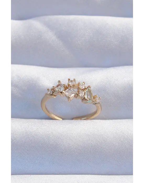  Altın Zirkon Taşlı Damla Detay Ayarlanabilir Yüzük