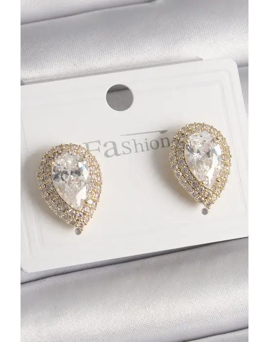  Altın Zirkon Taşlı Damla Model Çelik Küpe