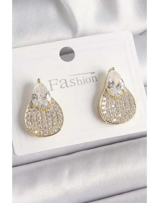  Altın Zirkon Taşlı Damla Model Çelik Küpe