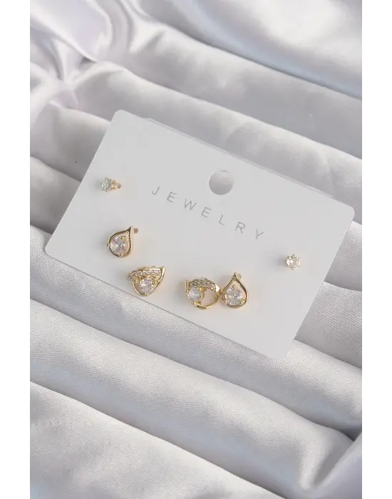 Altın Zirkon Taşlı Damla Model Küpe Seti