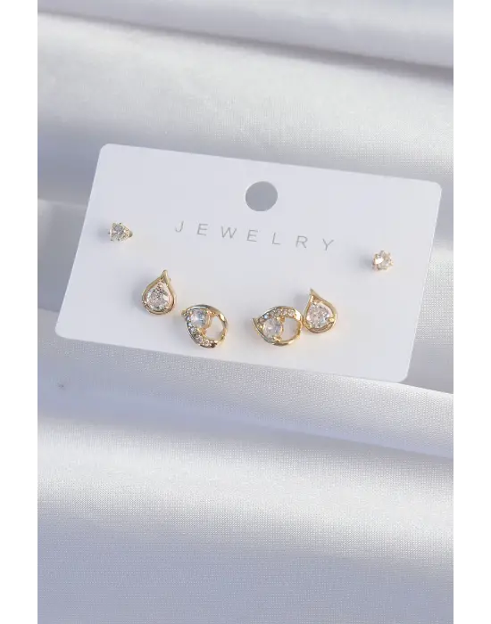  Altın Zirkon Taşlı Damla Model Küpe Seti