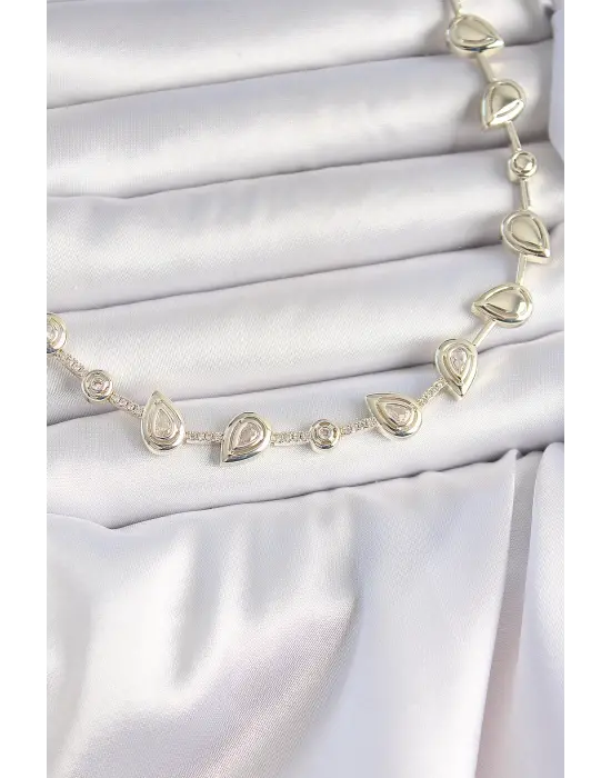 Pirinç Gold Renk Zirkon Taşlı Damla Model VIP Seri Exclusive Kadın Kolye