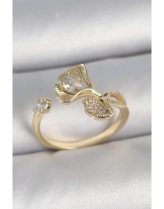 Pirinç Gold Renk Zirkon Taşlı Deniz Kabuğu Model Ayarlanabilir Kadın Yüzük