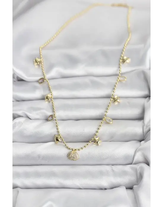 Pirinç Gold Renk Zirkon Taşlı Deniz Kabuğu Model Kadın Kolye