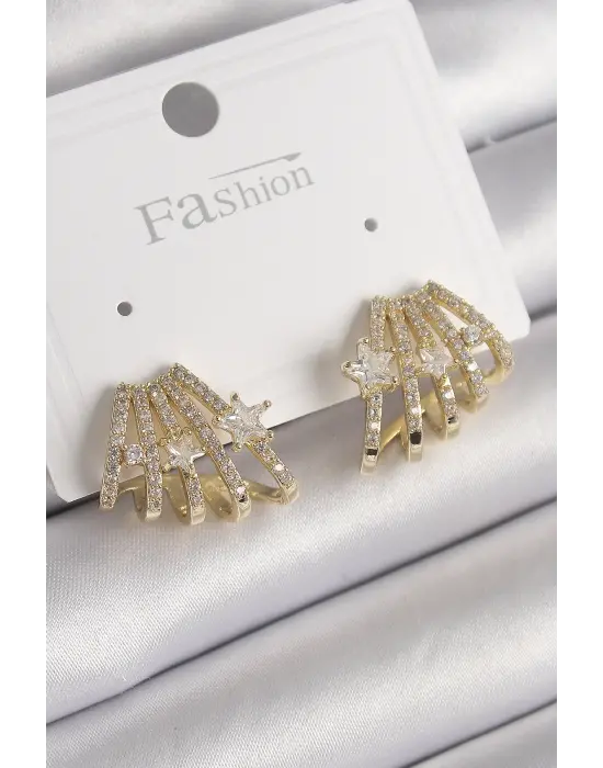  Altın Zirkon Taşlı Deniz Kabuğu Model Yıldız Detay Çelik Küpe