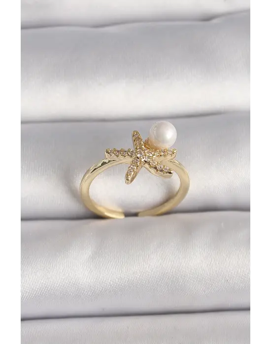  Altın Zirkon Taşlı Deniz Yıldızı Model İnci Detay Ayarlababilir Yüzük