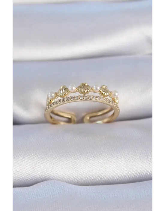  Altın Zirkon Taşlı Detay İnci Detay Midye Model Çelik Yüzük