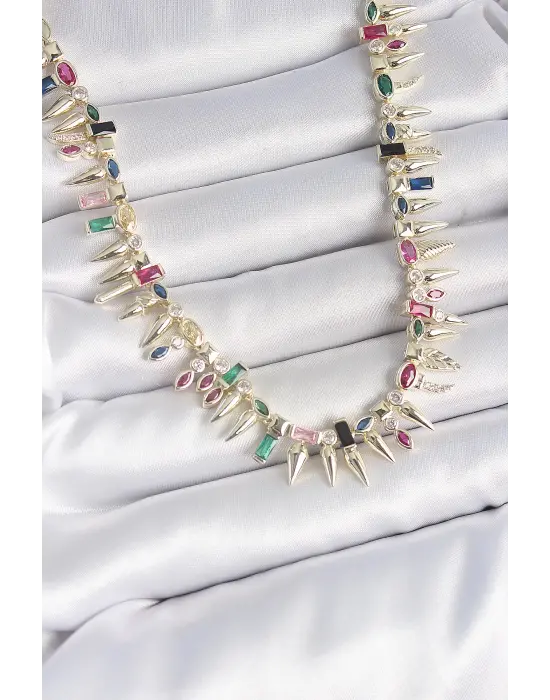 Pirinç Gold Renk Zirkon Taşlı Diken Model VIP Seri Kadın Kolye