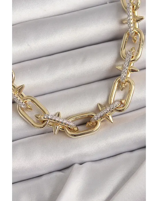 Pirinç Altın  Zirkon Taşlı Dikenli Halka Model VIP Exculusive Seri  Çelik Kolye
