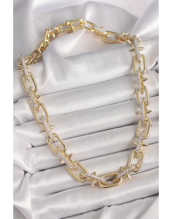 Pirinç Altın  Zirkon Taşlı Dikenli Halka Model VIP Exculusive Seri  Çelik Kolye