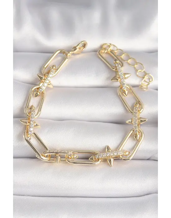 Pirinç Gold Renk  Zirkon Taşlı Dikenli Zincir Model Xuping VIP Seri Kadın Bileklik