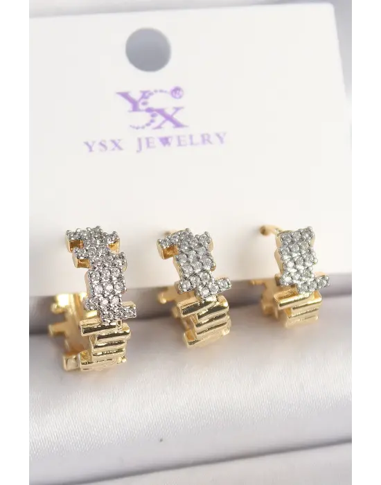 Pirinç Gold Renk Zirkon Taşlı Dorika Model 3Lü Kadın Kombin Küpe