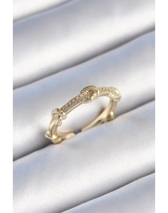  Altın Zirkon Taşlı Düğüm Model Çelik Yüzük