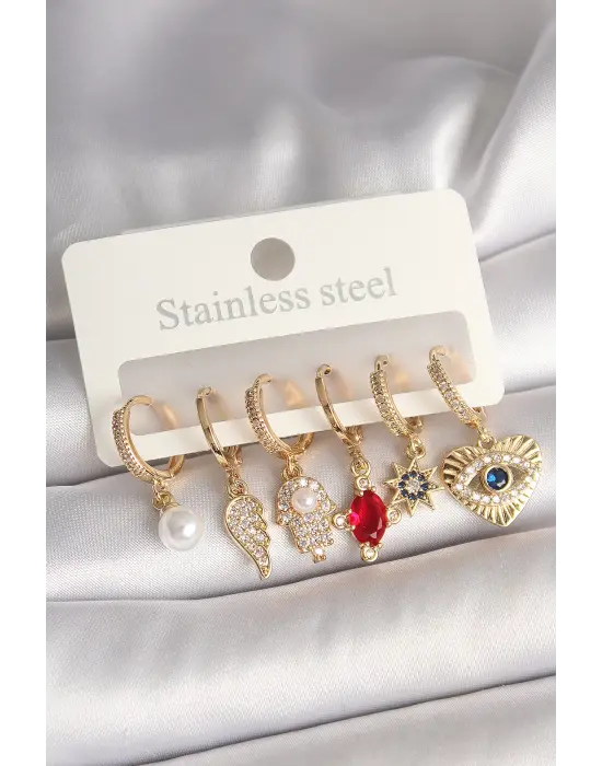 Pirinç Gold Renk Zirkon Taşlı Fatma Ana El Figür Kadın Küpe Seti