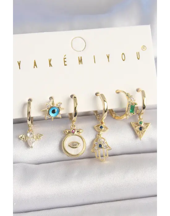 Pirinç Gold Renk Zirkon Taşlı Fatma Ana El Figür Nazar Boncuk Detay 6Lı Kadın Kombin Küpe