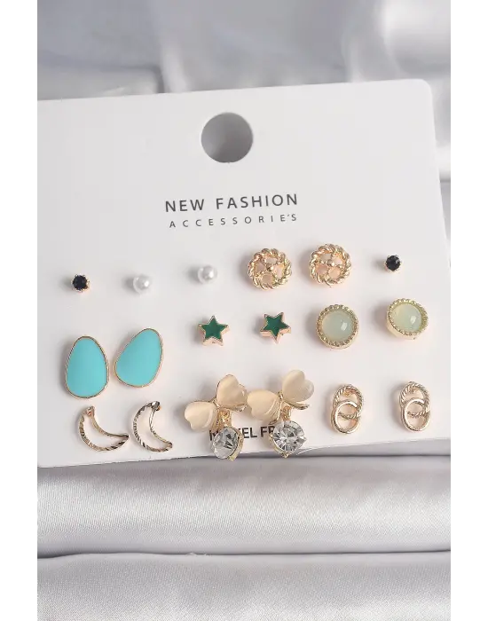  Altın Zirkon Taşlı Fiyonk Hilal Figür 9 Çift Çelik Küpe Seti