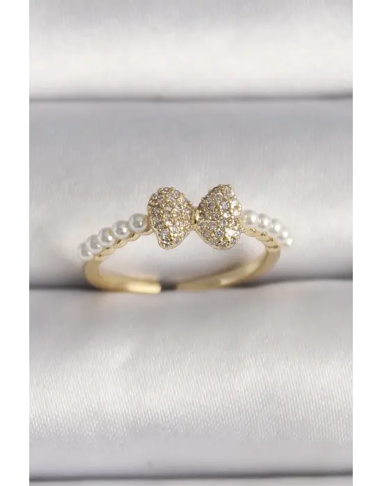  Altın Zirkon Taşlı Fiyonk İnci Detay Ayarlanabilir Yüzük