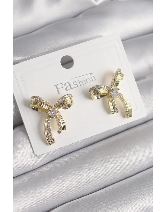  Altın Zirkon Taşlı Fiyonk Model Çelik Küpe