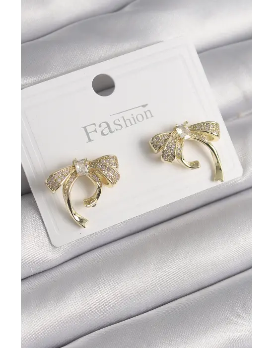  Altın Zirkon Taşlı Fiyonk Model Çelik Küpe