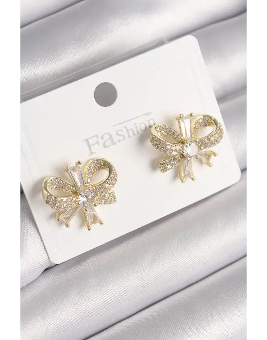  Altın Zirkon Taşlı Fiyonk Model Çelik Küpe