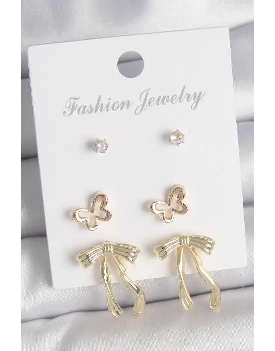 Pirinç Gold Renk Zirkon Taşlı Fiyonk Model Kelebek Detay 3 Çift Kadın Küpe Seti