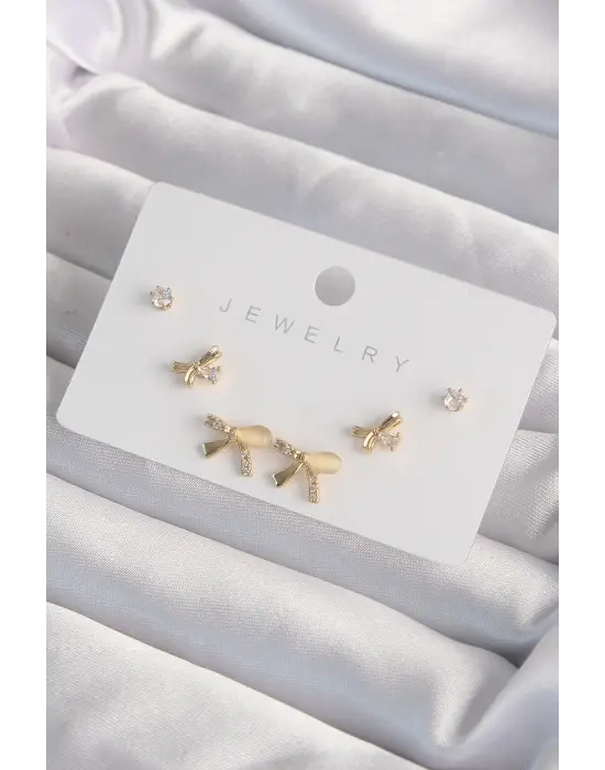  Altın Zirkon Taşlı Fiyonk Model Küpe Seti