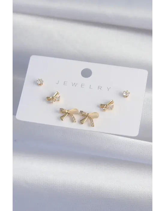  Altın Zirkon Taşlı Fiyonk Model Küpe Seti