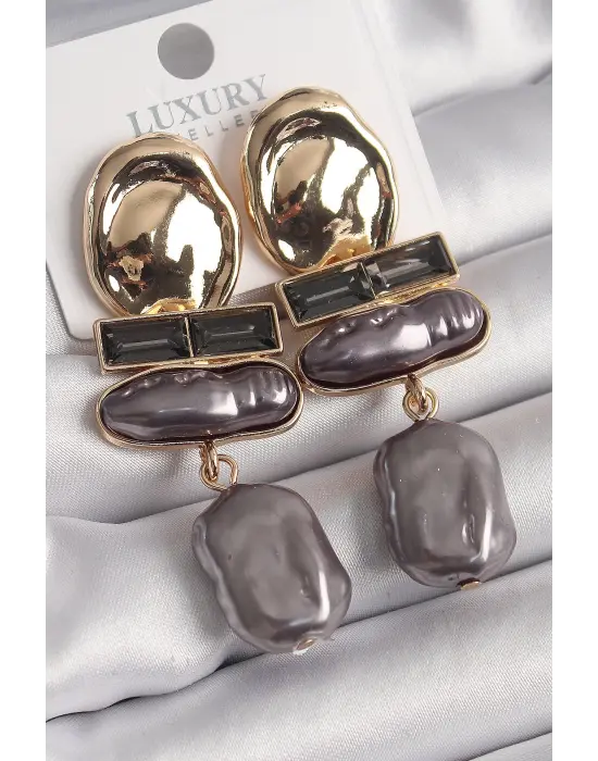 Altın Zirkon Taşlı Füme İnci Ezme Model Vintage Çelik Küpe