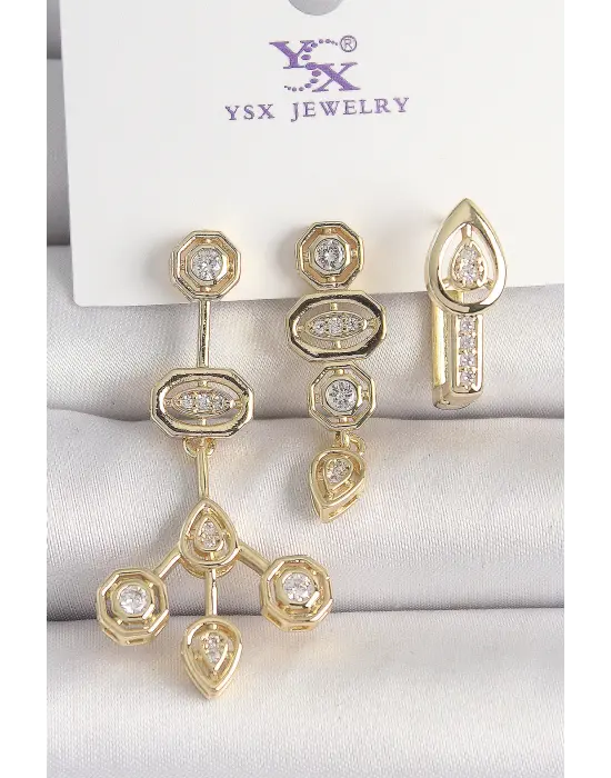 Pirinç Gold Renk Zirkon Taşlı Geometrik Model 3Lü Kadın Kombin Küpe