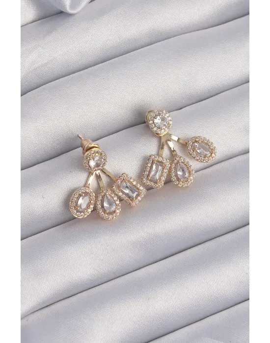  Altın Zirkon Taşlı Geometrik Model Küpe