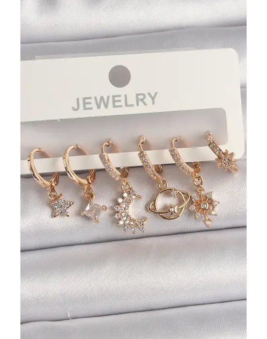  Altın Zirkon Taşlı Gezegen Model Çelik Küpe Seti