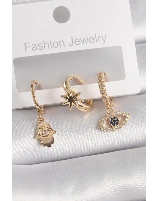  Altın Zirkon Taşlı Göz Fatma Ana El Figür Çelik Küpe