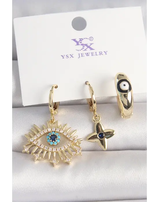 Pirinç Gold Renk Zirkon Taşlı Göz Figür Nazar Boncuk Detay 3Lü Kadın Kombin Küpe