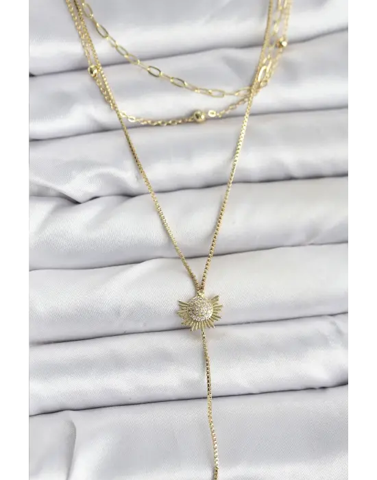 Pirinç Gold Renk Zirkon Taşlı Güneş Model Detaylı 3lü Kombin Y Kadın Kolye