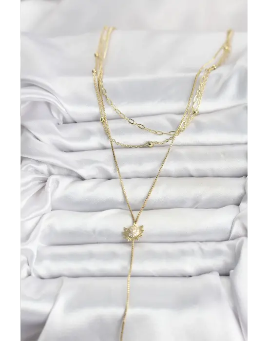 Pirinç Gold Renk Zirkon Taşlı Güneş Model Detaylı 3lü Kombin Y Kadın Kolye