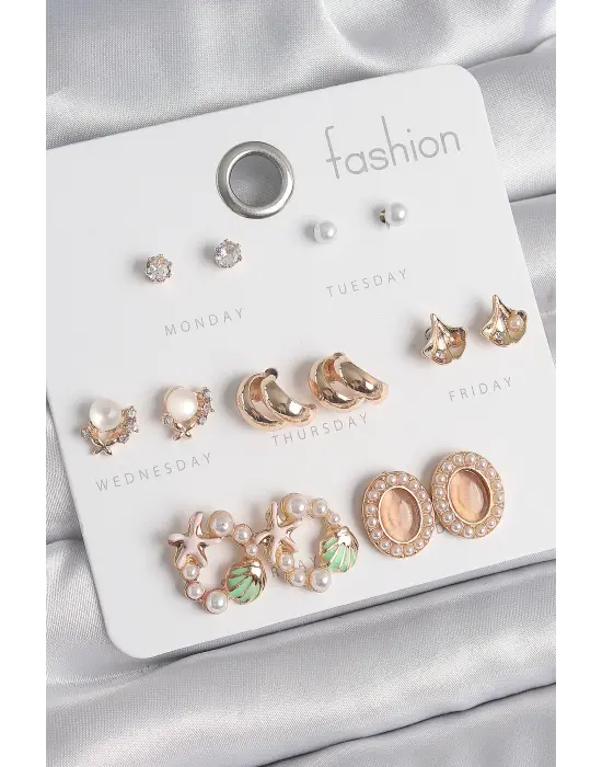 Pirinç Gold Renk Zirkon Taşlı Halka Deniz Yıldızı Figür İnci Detay 7 Çift Kadın Küpe Seti