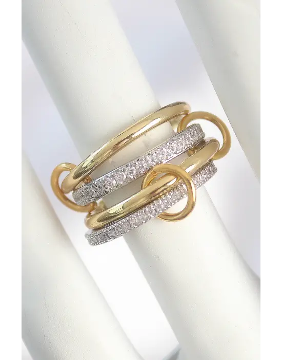 Pirinç Gold Renk Zirkon Taşlı Halka Detaylı Kadın Yüzük