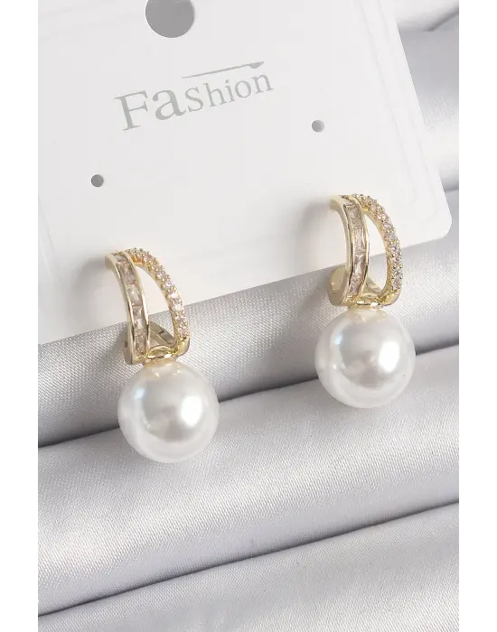  Altın Zirkon Taşlı Halka İncili Çelik Küpe