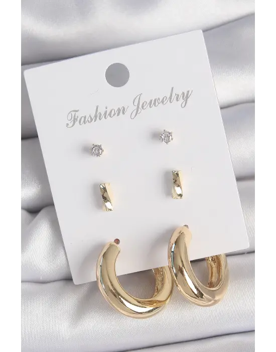 Pirinç Gold Renk Zirkon Taşlı Halka Model 3 Çift Kadın Küpe Seti