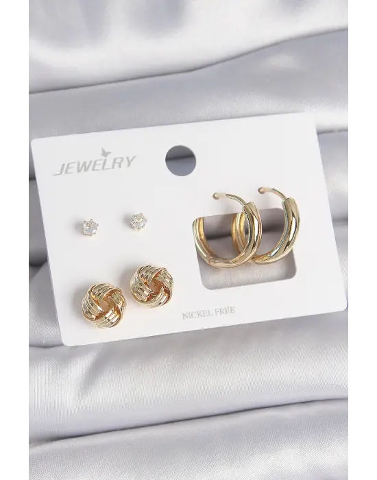 Pirinç Gold Renk Zirkon Taşlı Halka Model Burgu Detay 3 Çift Kadın Küpe Seti