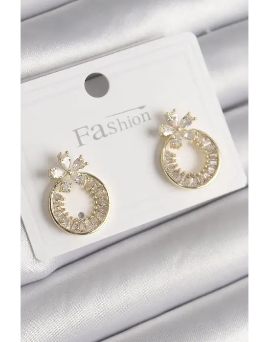  Altın Zirkon Taşlı Halka Model Çiçek Figür Çelik Küpe