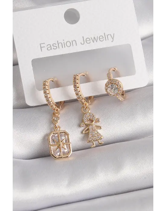  Altın Zirkon Taşlı Halka Model Çocuk Figür Çelik Küpe