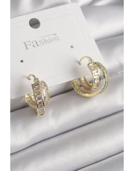 Altın Zirkon Taşlı Halka Model Çelik Küpe