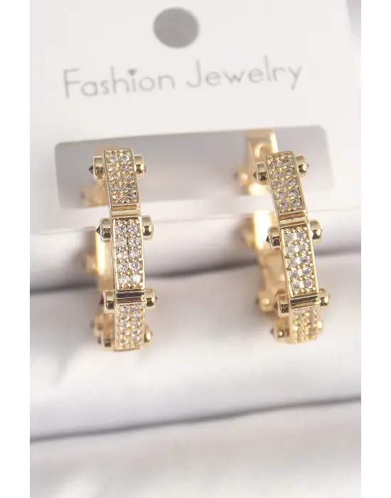 Pirinç Gold Renk Zirkon Taşlı Halka Model Kadın Küpe