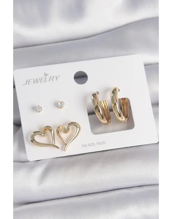 Pirinç Gold Renk Zirkon Taşlı Halka Model Kalp Detay 3 Çift Kadın Küpe Seti